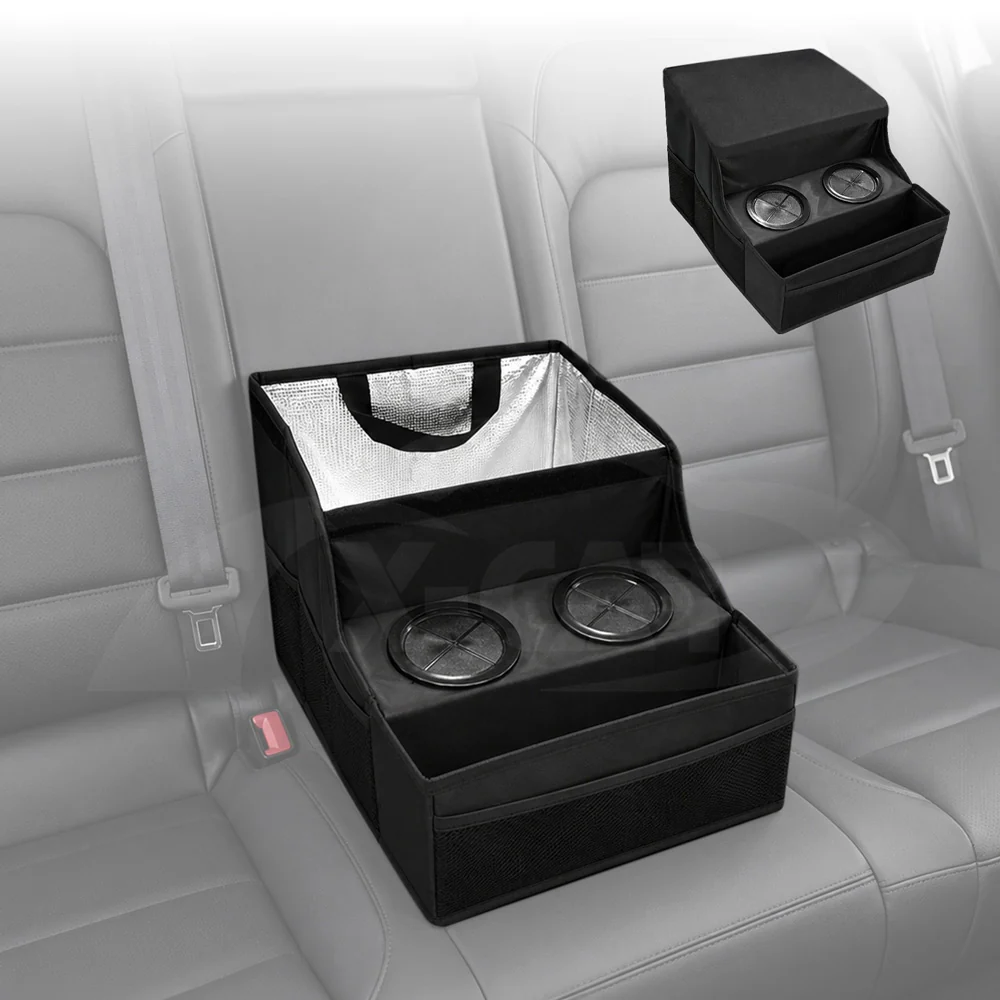 Back Seat Cooler Storage Box with Dual Cup Holders Foldable Insulated Rear Armrest Organiser