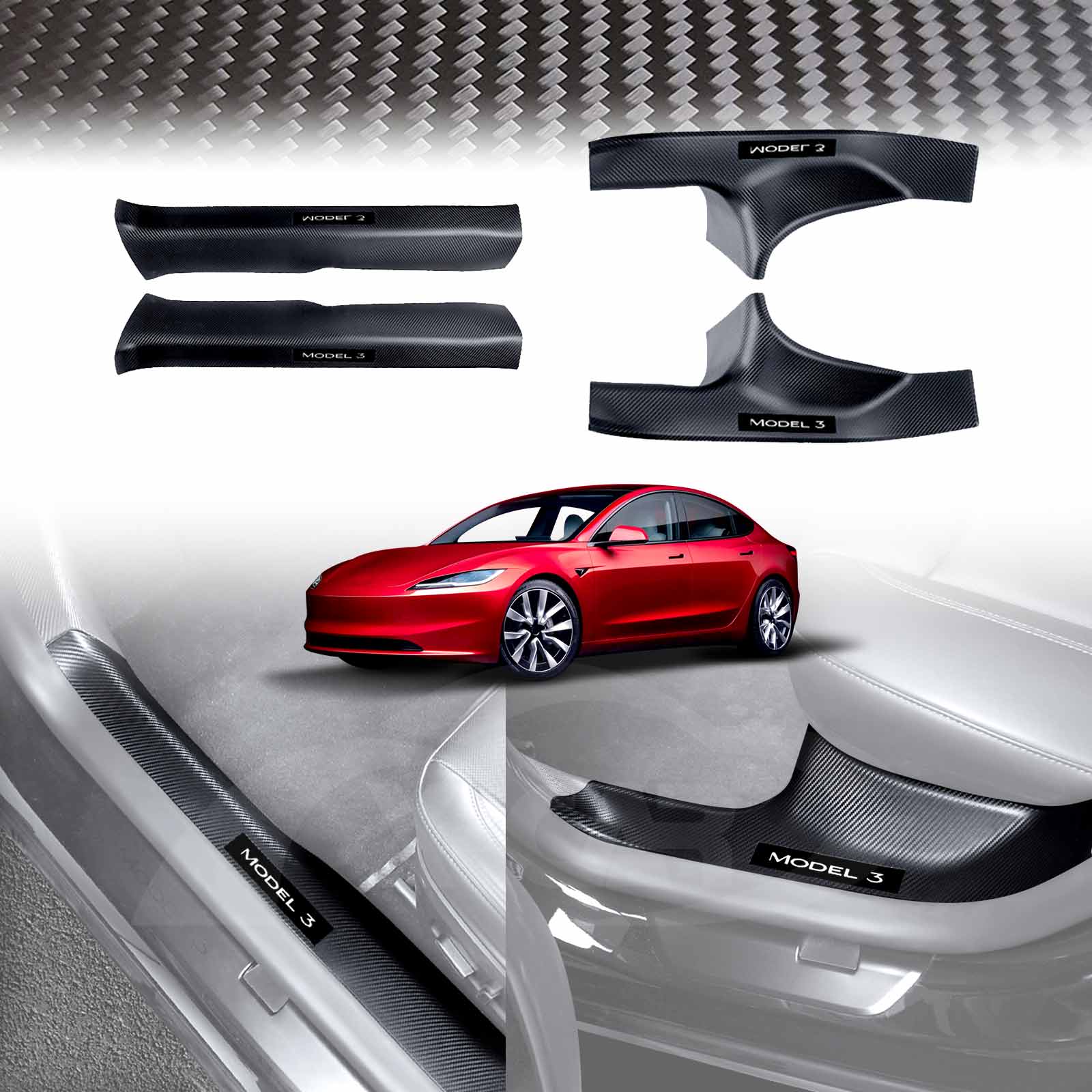 Tesla Model 3 Highland Door Sill Protector Carbon Fiber Style