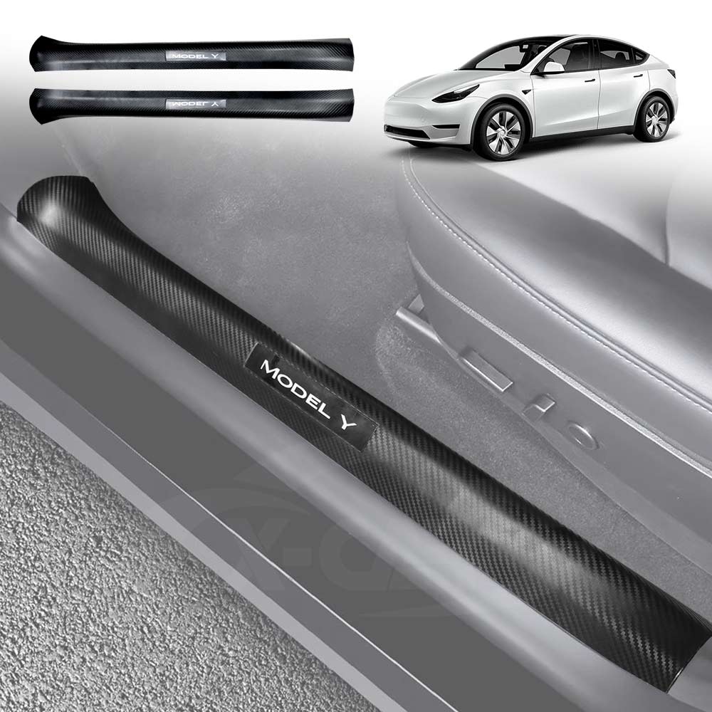 Tesla Model Y 2021-2025 Front and Rear Door Sill Protector Carbon Fiber Style - Image 2
